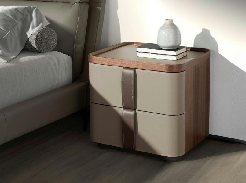 Angel Cerdá Leatherette bedside table, walnut and polished steel base 7204