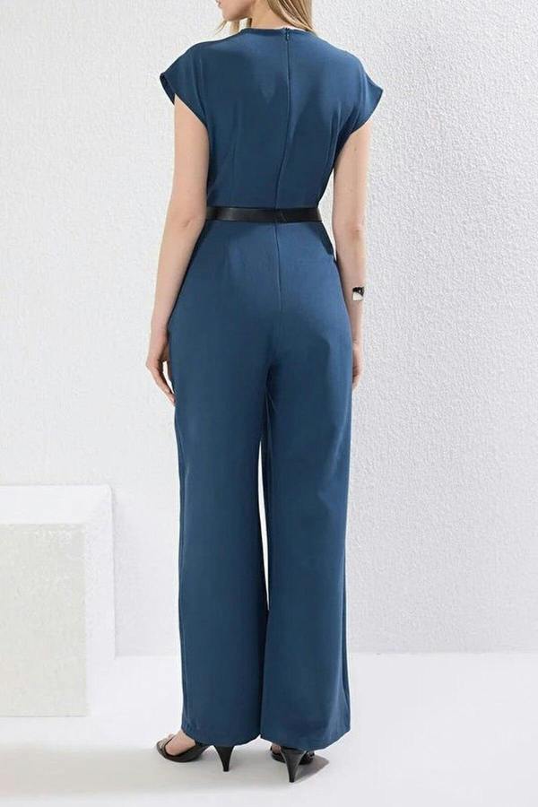 WOVCOR Wrap-Neck Wide-Leg Woven Jumpsuit with Belt