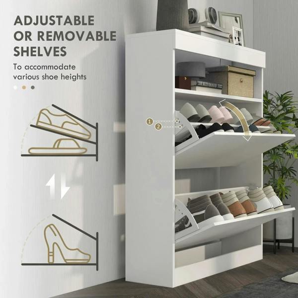White shoe storage cabinet with open flip doors and adjustable interior shelves