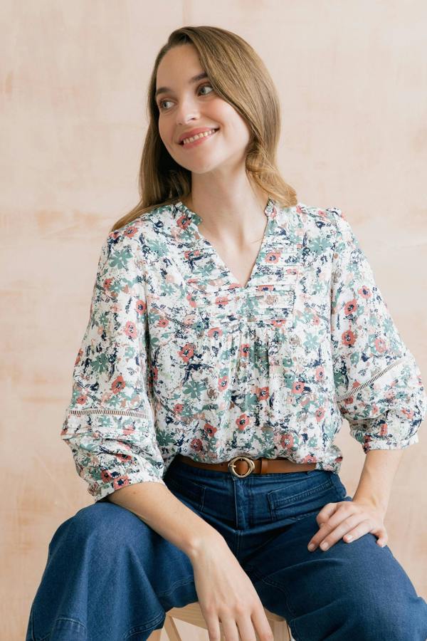 Lily & Me Marie Printed Pintuck Blouse
