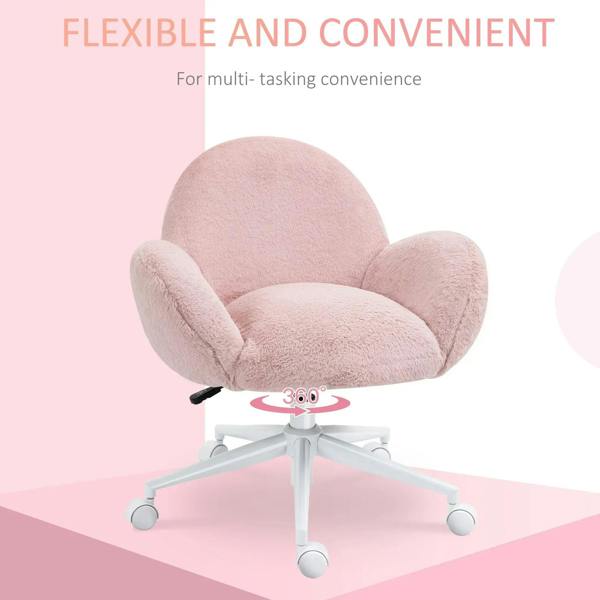 Pink fluffy swivel vanity chair with 360-degree rotation on rolling casters