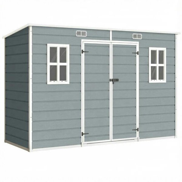 10 x 4 ft Resin Garden Shed, Outdoor Storage Shed with Floor, Windows, Lockable Doors and Vents, Grey