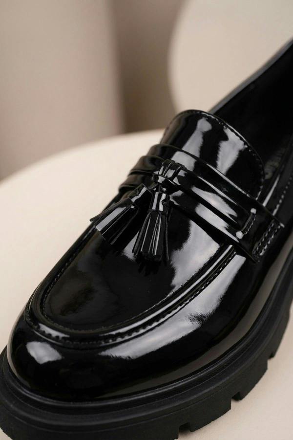 Saoirse Patent Chunky Sole Tassel Loafers - Black