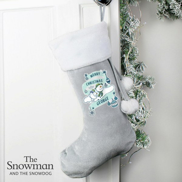 Personalised Memento Company Personalised The Snowman and the Snowdog Luxury Silver Grey Stocking