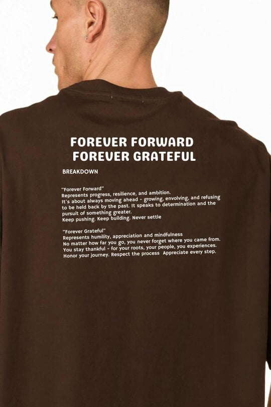 Elaina Fashion Men’s Oversized Heavyweight T-Shirt – “Forever Forward. Forever Grateful.” - Brown