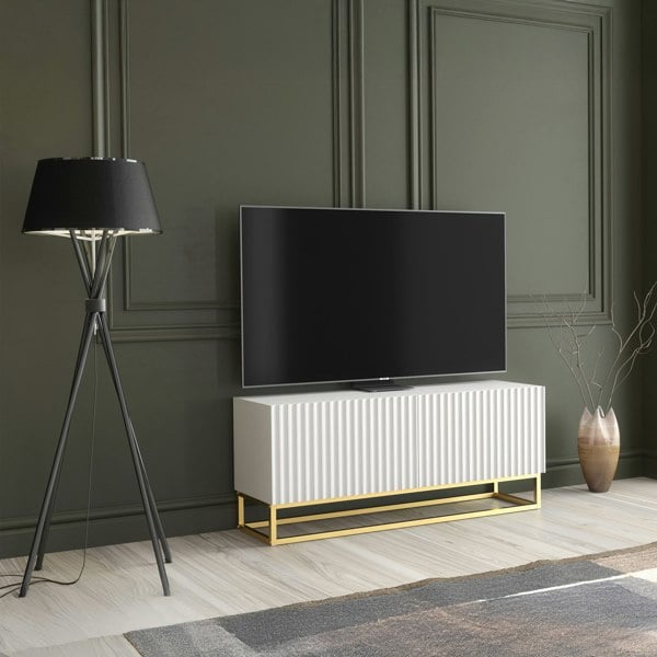 Mex Furniture White TV Unit with Gold Base 100cm – Fluted Fronts & Push-Down Doors