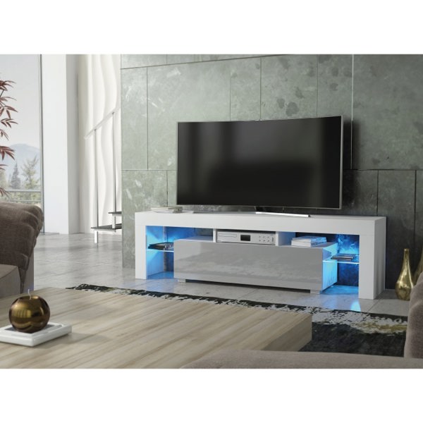 Mex Furniture Chic 160cm TV Unit – Modern TV Stand Cabinet with Grey High Gloss Door and Free LED