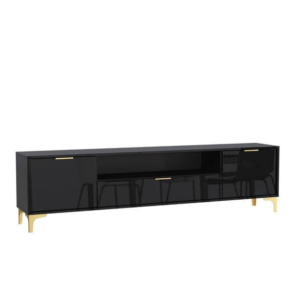 Mex Furniture Luxury 200cm Black High Gloss TV Unit with Gold Finish Accents Sleek Stand Cabinet