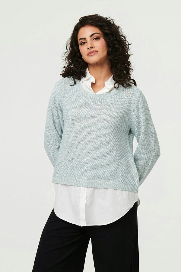 Blue | Layered Long Sleeve Shirt Jumper Top
