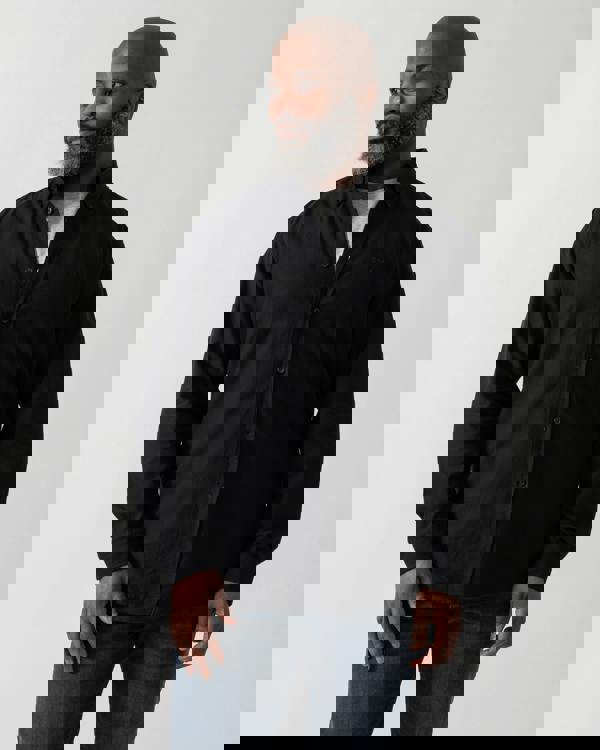 Model wearing a BOSS Orange Rickert Mens Long Sleeve Shirt in Black