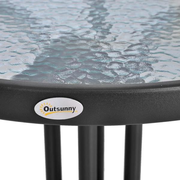 Black round table with textured tempered glass top and Outsunny logo on metal rim.