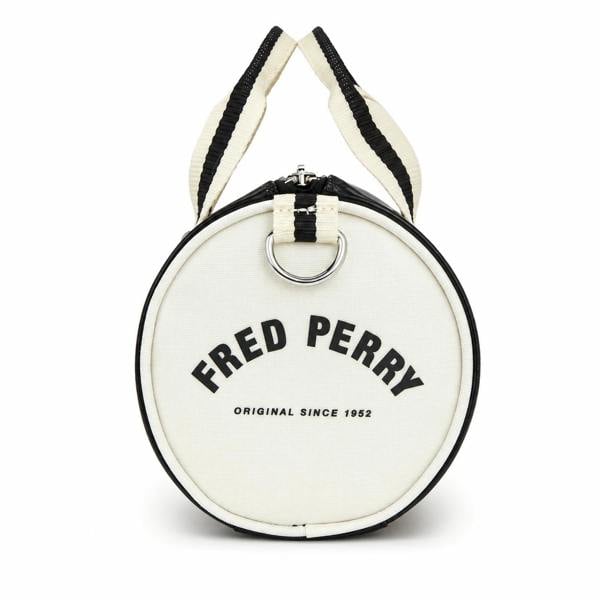 Fred Perry Classic Mini Barrel Bag in black and ecru, featuring logo on canvas end.