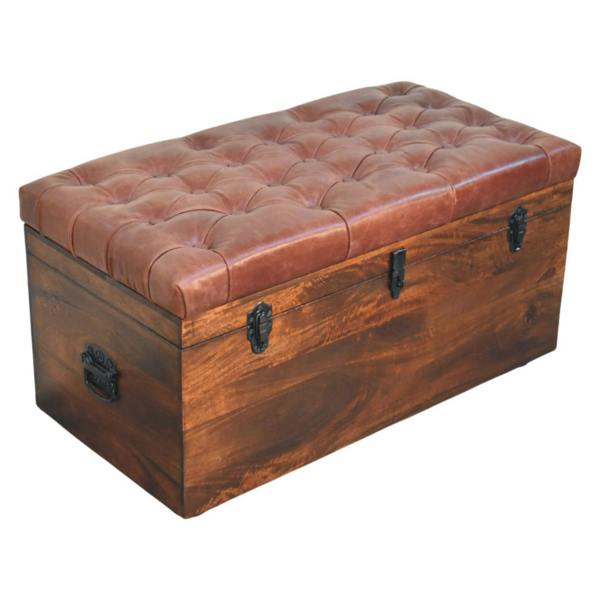Artisan Furniture Solid Wood Brown Buffalo hide leather Storage Trunk
