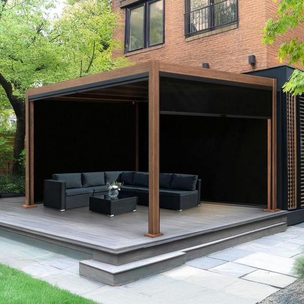 Wood effect aluminium pergola with blinds, 3m x 3m, featuring a sleek design, dark fabric, and modern outdoor seating area
