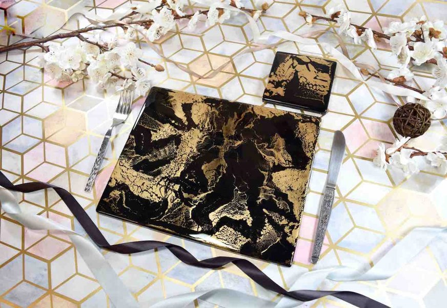 Kate Chesters Art Black Gold Resin Placemats and Coasters Dining Set - Heat Tolerant