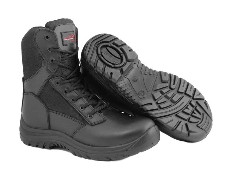 ARMA Warrior Mens Side Zip Combat Steel Toe/Midsole S3 Safety Boots, black tactical work boots with side zipper and rugged slip-resistant soles.