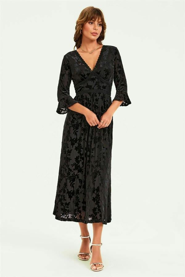 FS Collection Floral Velvet Devore Lace Trim Neckline Midi Dress In Black