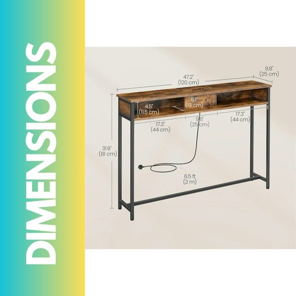 Rafaelo Mobilia Hallway Console Table With Charging Station Rustic Brown