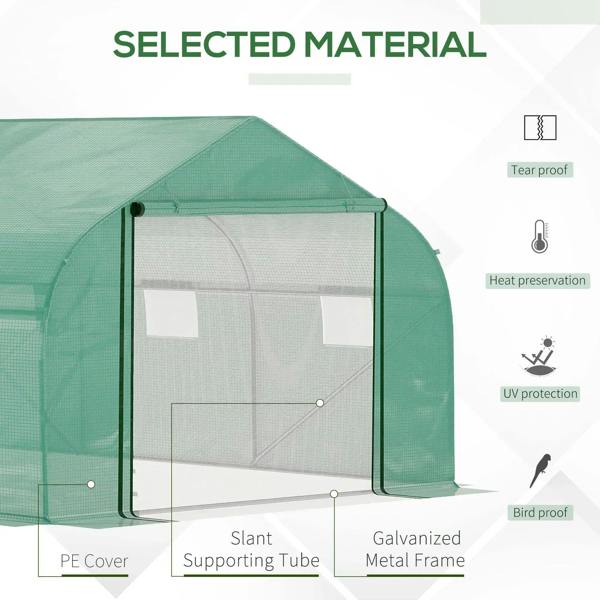 Green greenhouse with slanted support frame, front zip door, and mesh PE cover