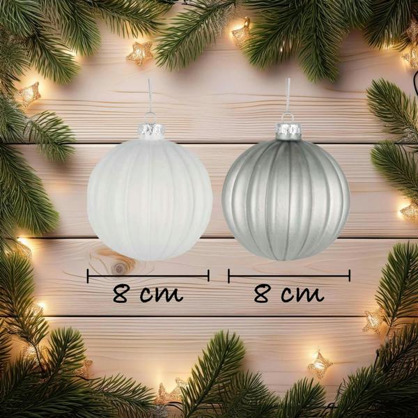 8cm Glass Christmas Baubles 12 Pack in Pearl Champagne, White and Silver with 4 Designs image 5