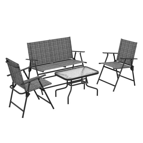 Light grey metal patio sofa set with armchairs, loveseat, and square coffee table