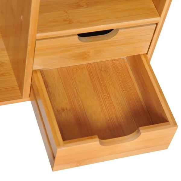 Bamboo drawer compartment on desktop organizer with open front and inner shelf