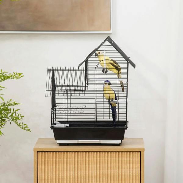 Black metal bird cage with two birds perched inside