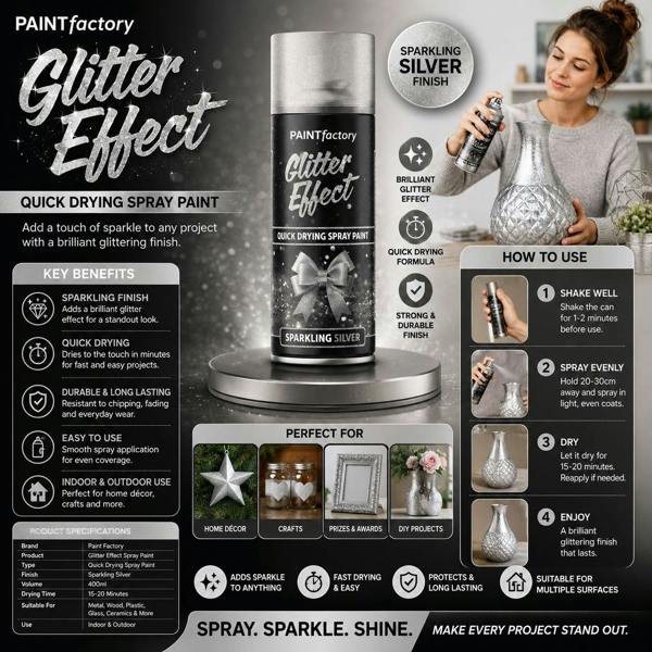 Paint Factory 6X -  Silver Glitter Effect Spray Paint 400ml