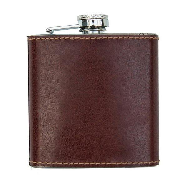 Personalised leather hip flask with laser engraved message – front view