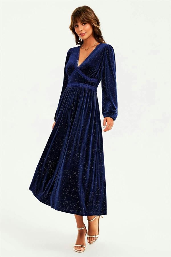 FS Collection Silver Foil Velvet Lace Trim Neckline Midi Dress In Navy