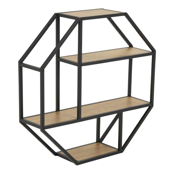 Wyld Haus El Paso Black Metal and Wild Oak Veneer Octagonal Wall Shelf 4 Black Wooden Shelves
