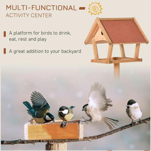 Wooden bird feeding station with sloped roof and wide platform for birds to perch
