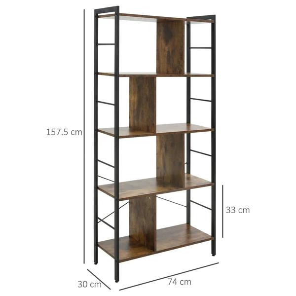 5-tier open bookcase with rustic brown panels and black metal frame; front view with dimensions.