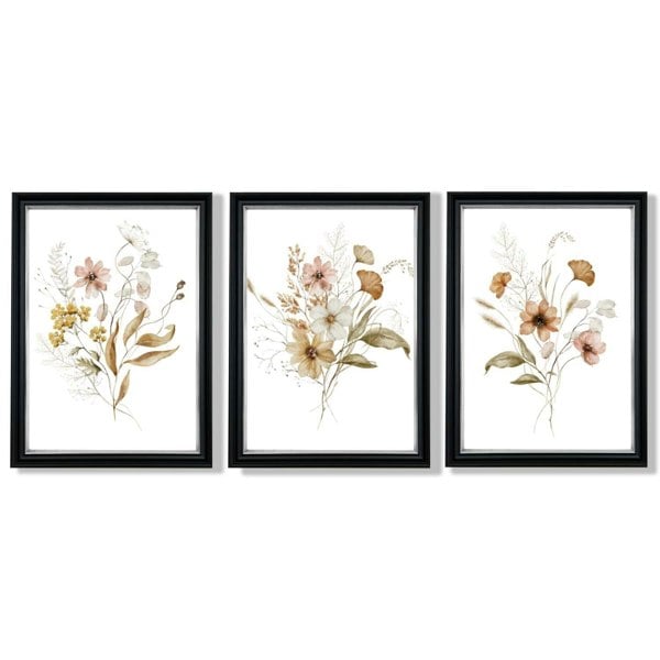 Autumn Wild Flower Bouquets Set of 3 Framed Art Prints with Vermeer Black and Silver Frames