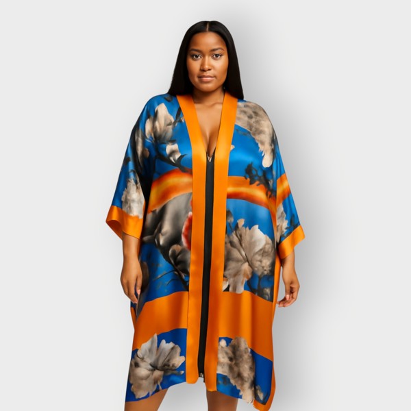 Bird of Paradise White Blue Cherry Blossom Silk Kimono