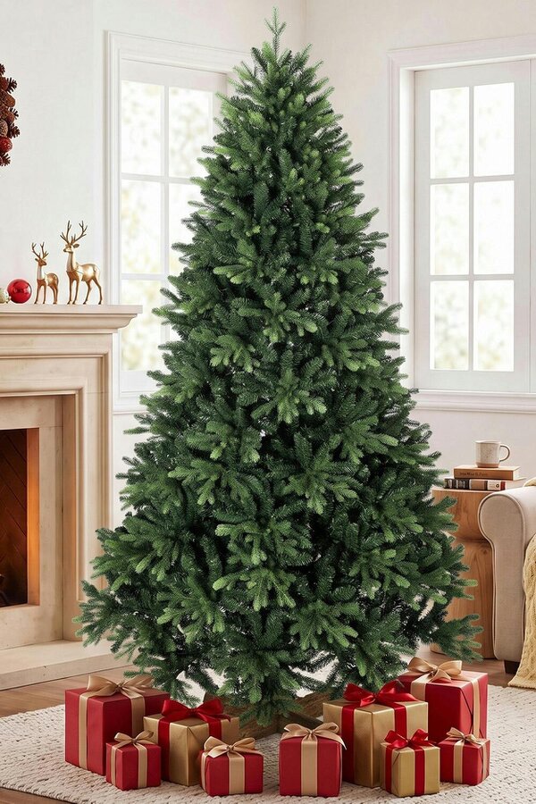 HOMCOM Artificial Christmas Tree, Solid Fir Wood Stand, Green - 7ft