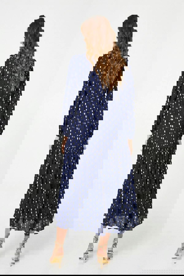 Navy | Metallic Print V-Neck Tiered Maxi Dress
