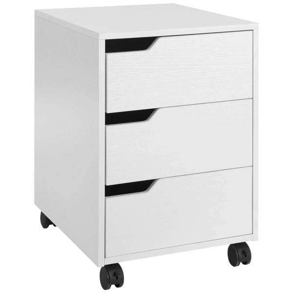 White mobile file cabinet with three drawers and black pull handles on wheels
