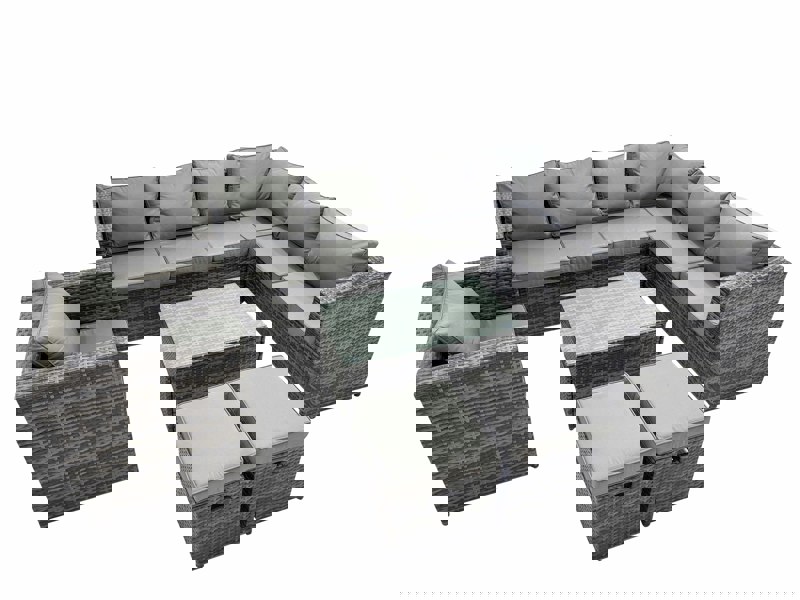 Fimous Patio Sofa Oblong Coffee Table Set Rattan Garden Furniture Set with 2 Small Stools Dark Grey Mixed