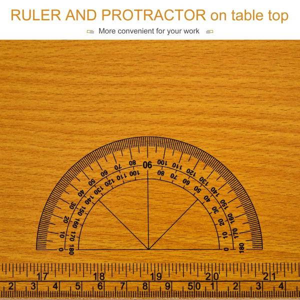 Tabletop ruler and protractor scale on orange MDF work surface