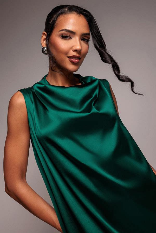 Cowl Neck Back Wing Satin High Low Midi Dress - Emerald Green DR4608
