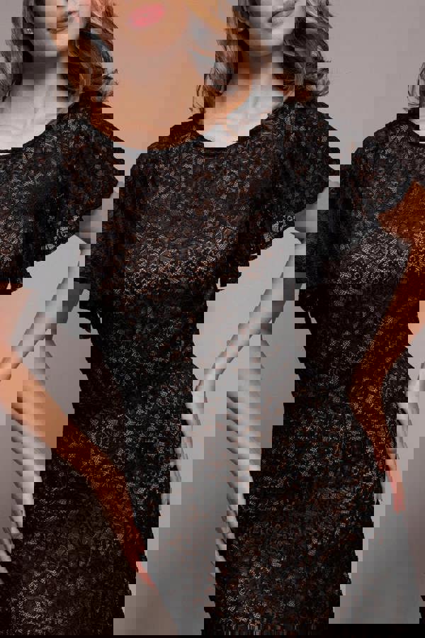 Flutter Sleeve Lace A-Line Maxi Dress - Black DR4361