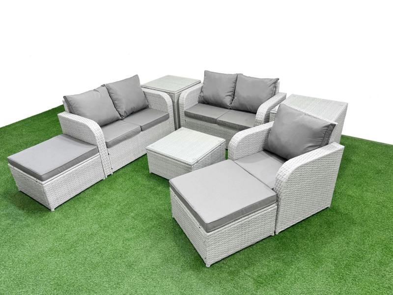Fimous 2 Big Stool Outdoor Set, High Back Poly Rattan, Reclining Loveseat Sofa, Square Coffee Table and 2 Side Tables, Light Grey