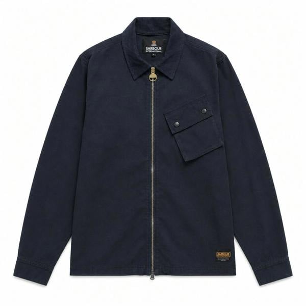 Navy Barbour International A7 overshirt with a corduroy collar, full-zip front, and a single chest utility pocket.