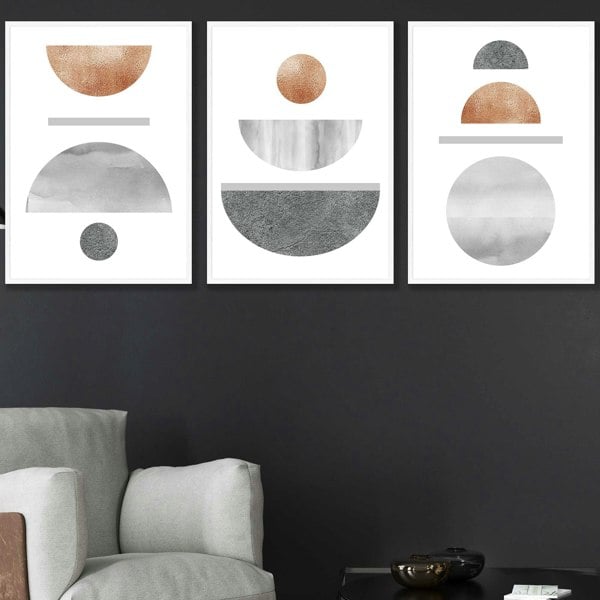 Artze Wall Art Copper and Grey Abstract Mid Century Geometric Set of 3 Framed Wall Art