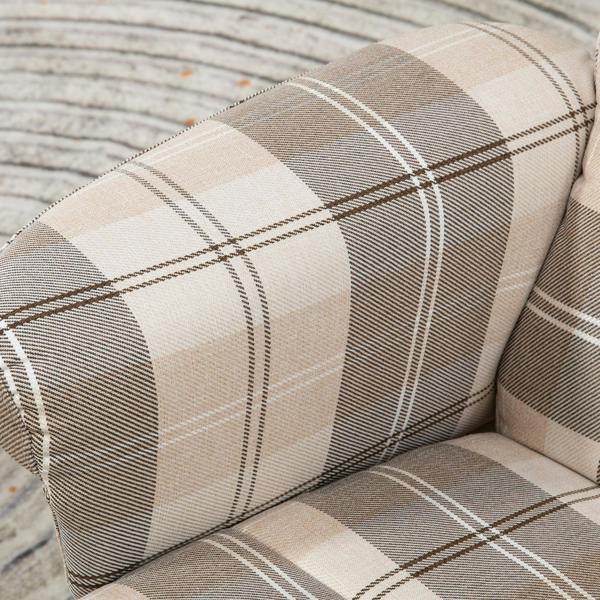 Plaid linen-look upholstery detail with beige and dark grid pattern