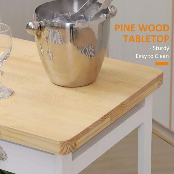Pine wood tabletop on a white kitchen trolley cart