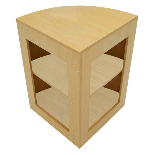 Maple Iris LED shop counter with a curved top, featuring two open shelves and a smooth wood finish for a modern display solution