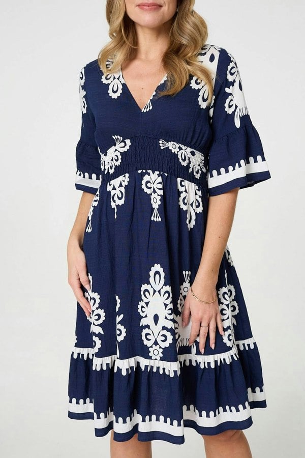 Navy | Ikat Print 1/2 Sleeve Relaxed Short Dress