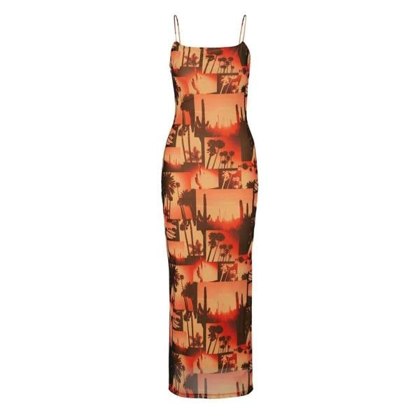 Hugo Womens/Ladies Mesh Spaghetti Strap Maxi Dress - Orange/Black - 